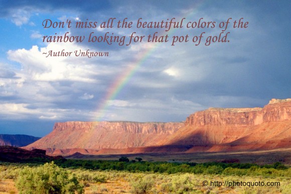 Don't miss all the beautiful colors of the rainbow looking for that pot of gold. ~ Author Unknown